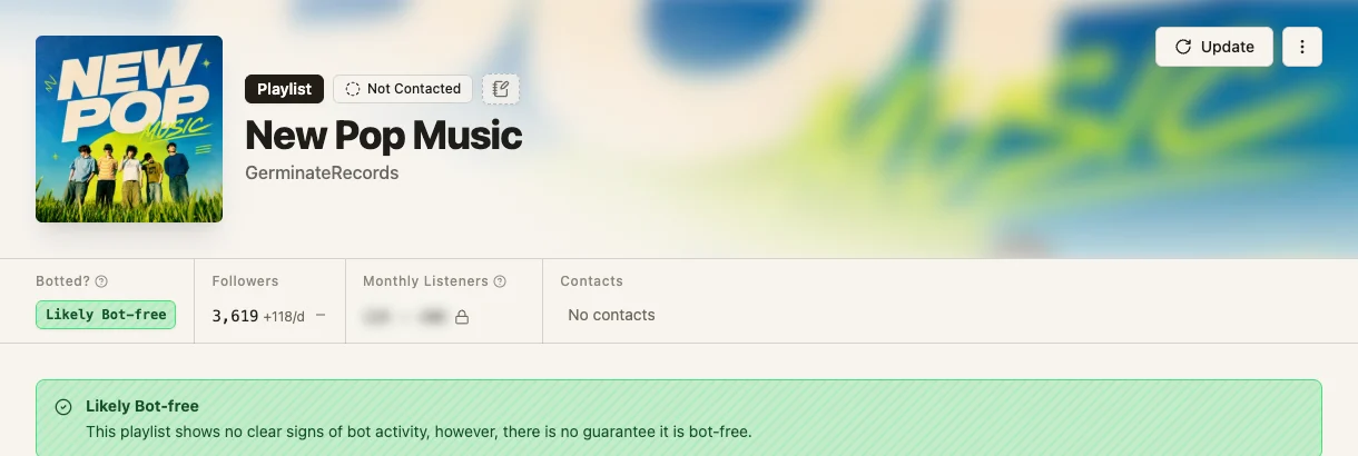 The artist.tools page for the playlist New Pop Music, with the verdict Likely Bot-free and 3,619 followers