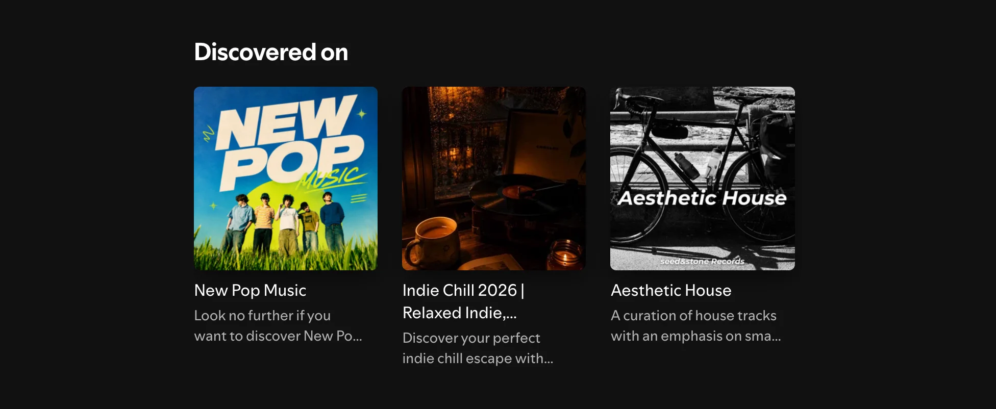 The Discovered On row on an artist's Spotify profile, with New Pop Music in first place