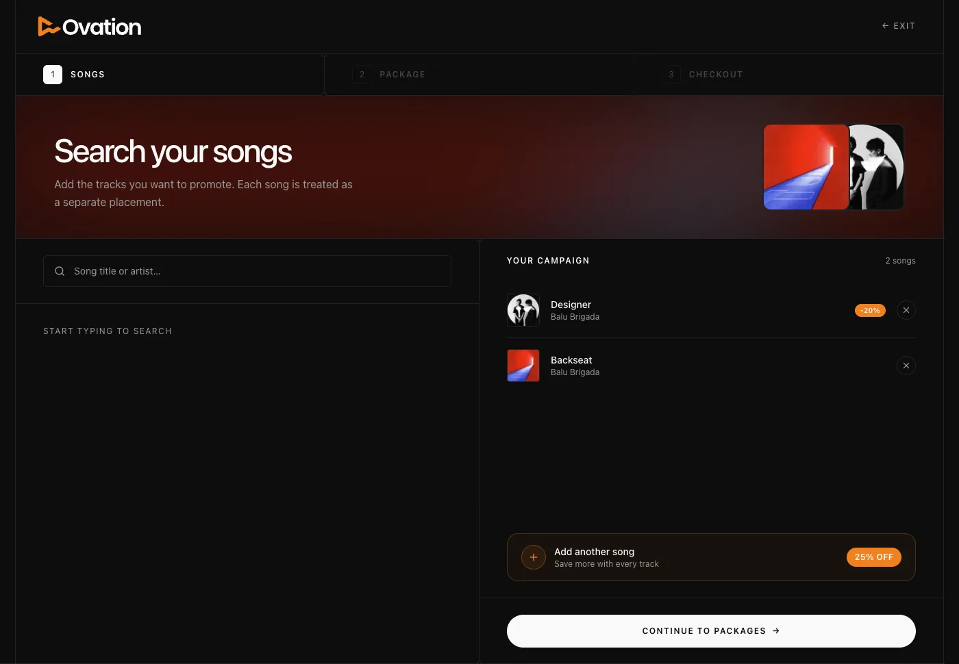 A campaign with two songs, showing the volume discount stacking as more songs are added
