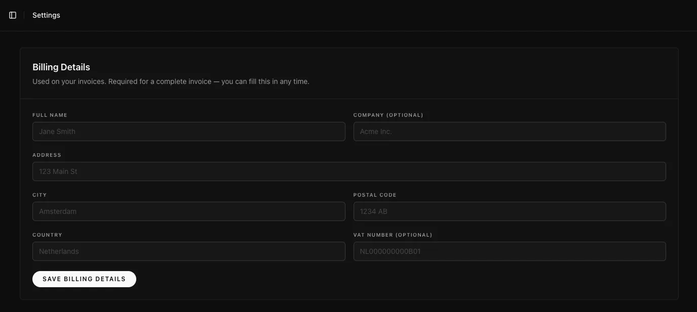 The Billing Details form in settings