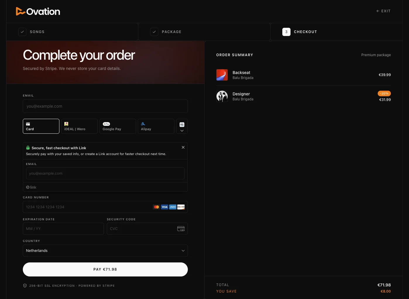 The checkout screen, showing the order summary and payment method selection