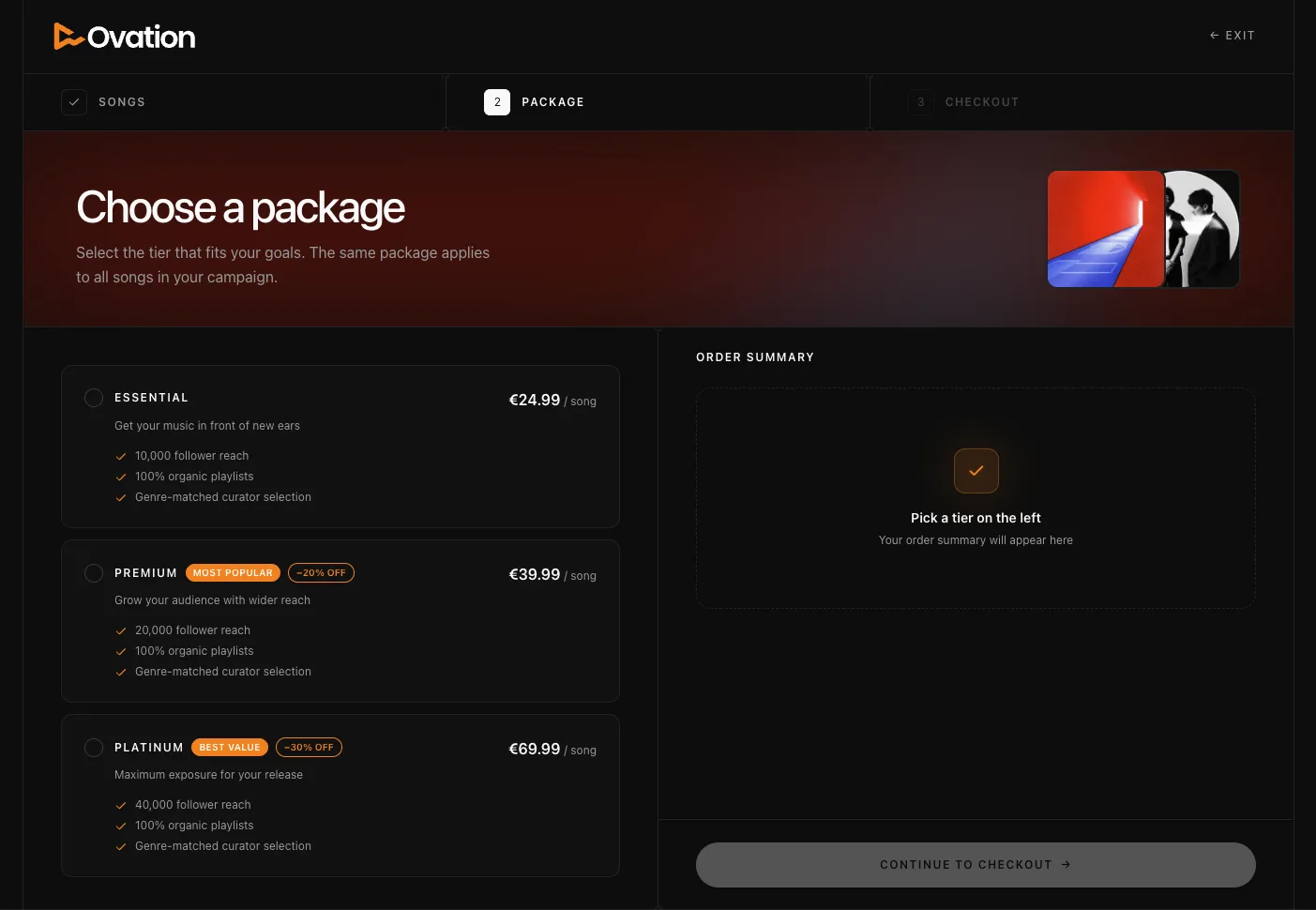 The package selection step, showing Essential, Premium, and Platinum tiers