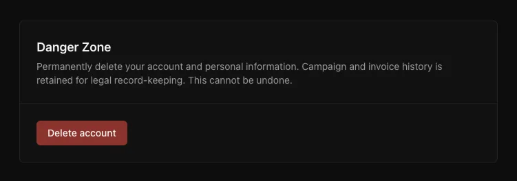 The Danger Zone section with the delete confirmation