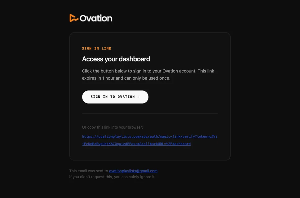 The magic link email, with a button to sign in