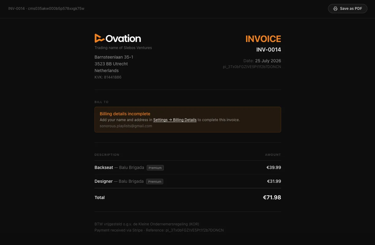 An individual invoice, with the Save as PDF button