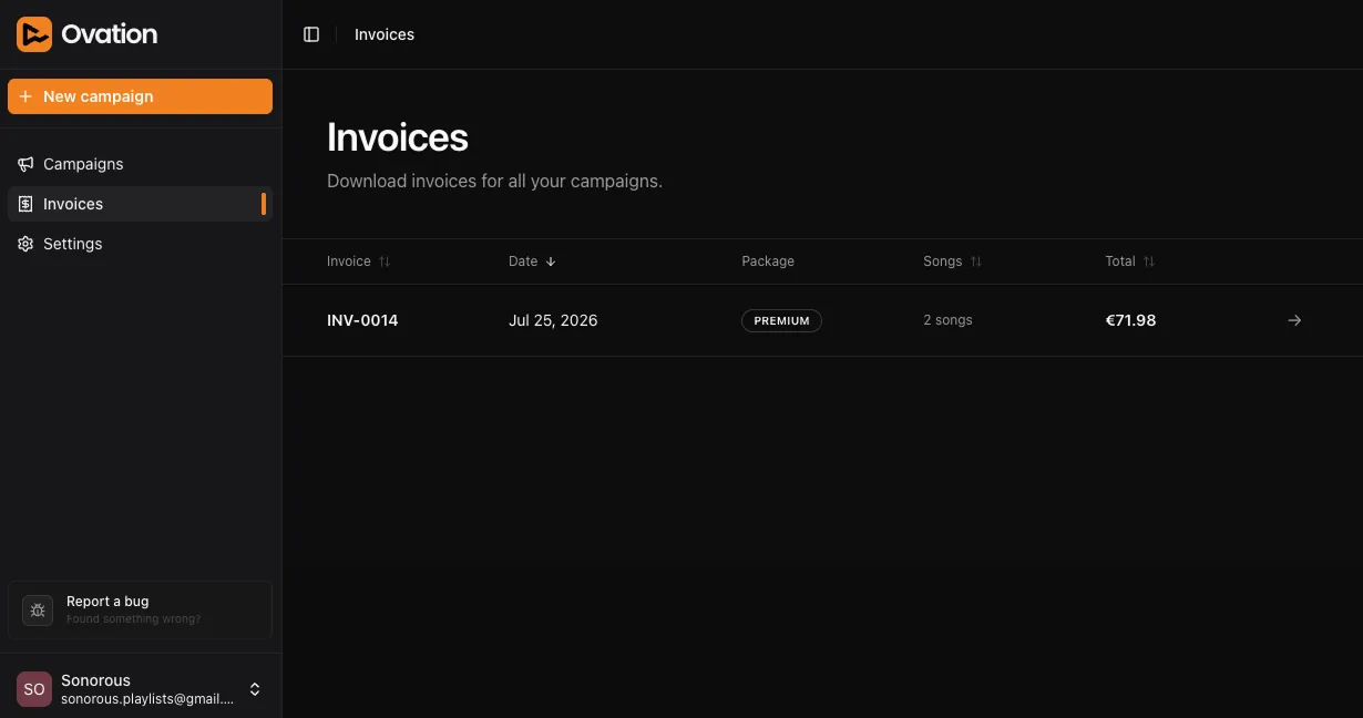 The invoices list