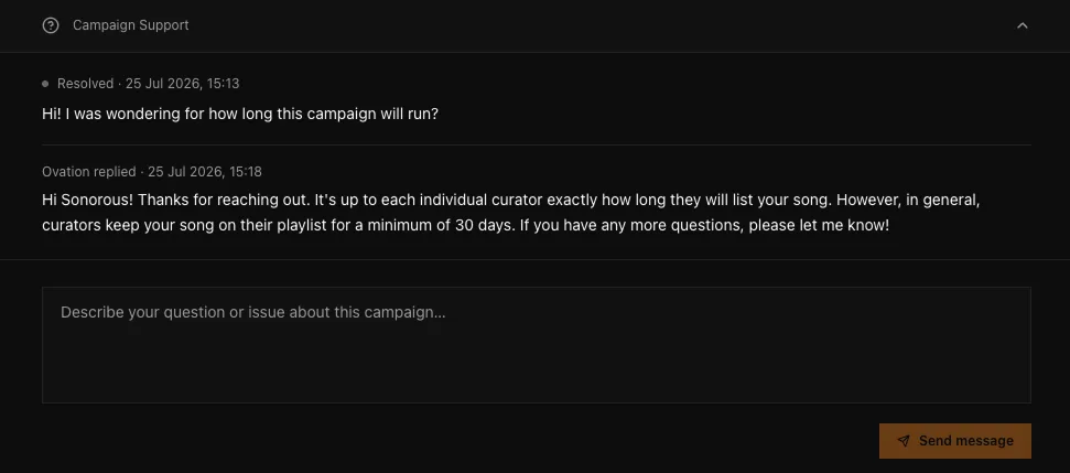 A message with a reply from Ovation
