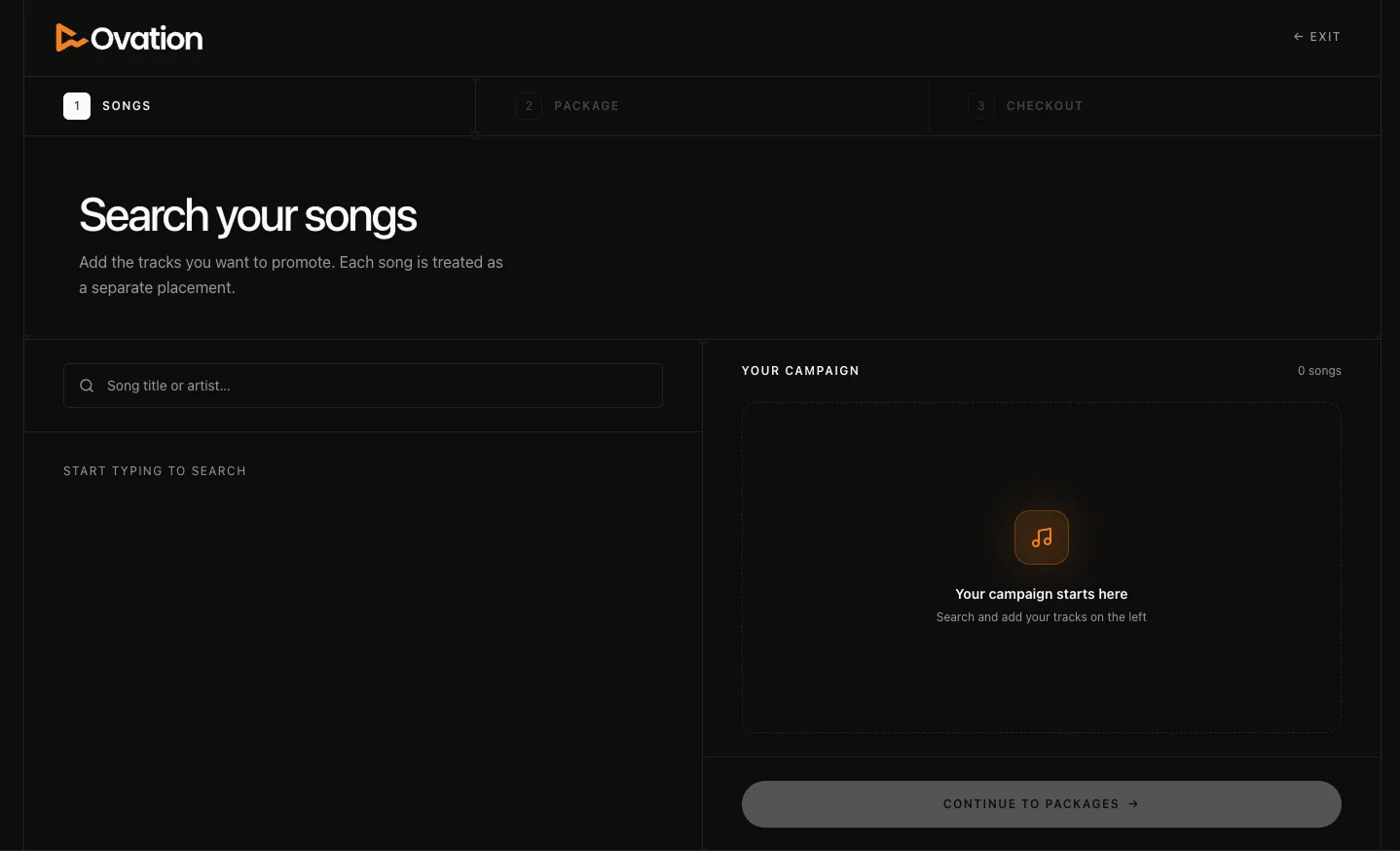 The "Search your songs" step of the campaign builder