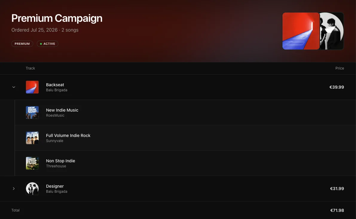 The song list expanded, showing playlist placements