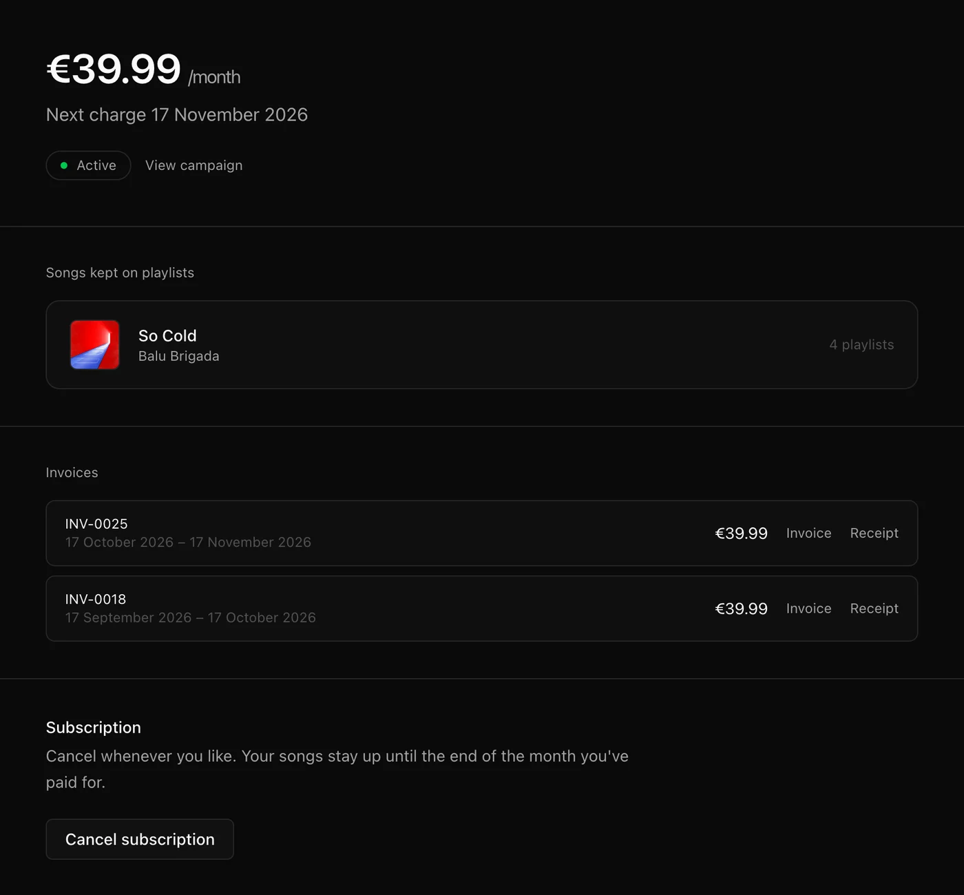 A subscription's details, with its songs and invoices